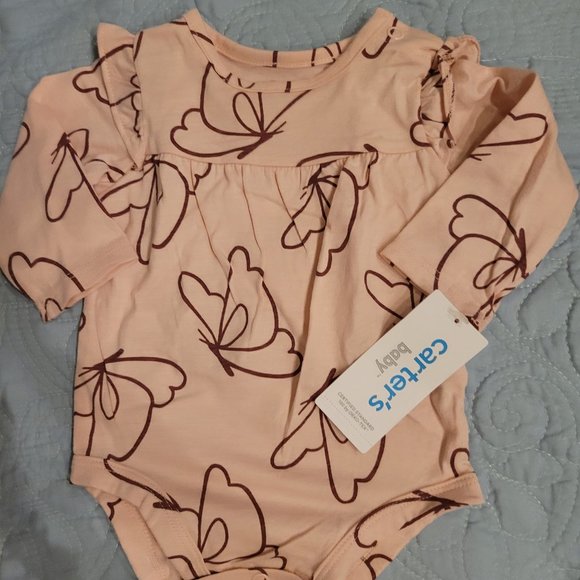 Carter's Baby Girls 2-Pc Bodysuit Set, Pink Shirt Purple Flowers & Pants w Bows - Picture 2 of 12